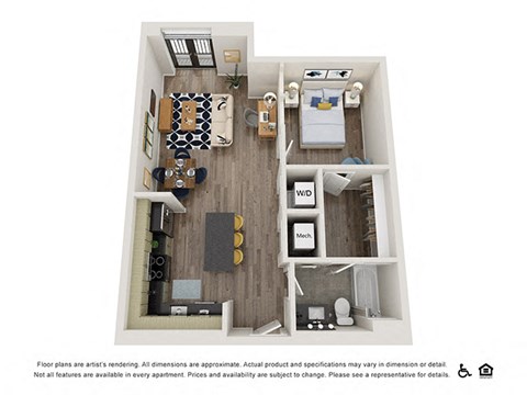 Floor plan for 1 bed, 1 bath, 657 sqft