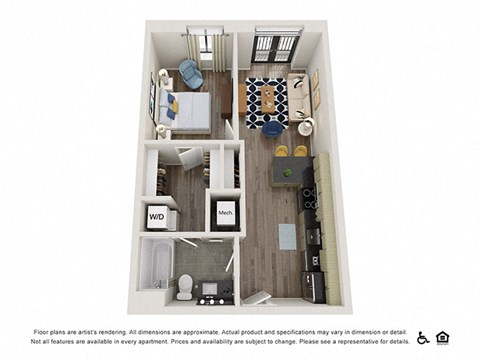 Floor plan for 1 bed, 1 bath, 563 sqft