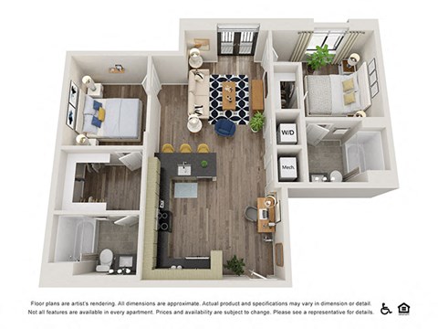 Floor plan for 2 beds, 2 baths, 917 sqft