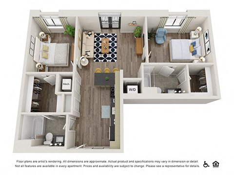 Floor plan for 2 beds, 2 baths, 994 sqft