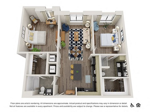 Floor plan for 2 beds, 2 baths, 1087 sqft