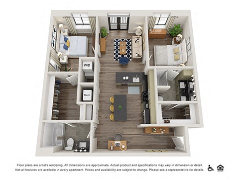 Floor plan for 2 beds, 2 baths, 1002 sqft