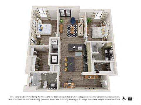 Floor plan for 2 beds, 2 baths, 1036 sqft
