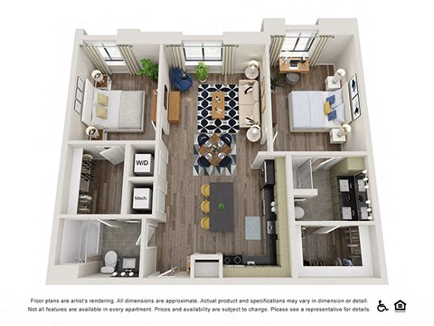 Floor plan for 2 beds, 2 baths, 1009 sqft
