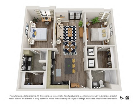 Floor plan for 2 beds, 2 baths, 997 sqft