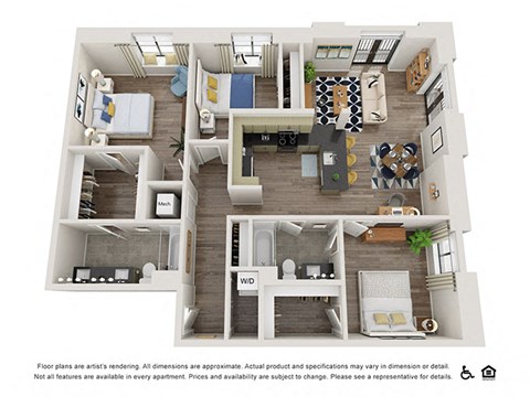 Floor plan for 3 beds, 2 baths, 1385 sqft