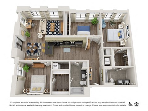 Floor plan for 3 beds, 2 baths, 1356 sqft