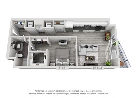 Floor plan for 1 bed, 1 bath, 772 sqft