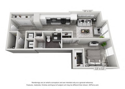 Floor plan for 1 bed, 1.5 baths, 822 sqft