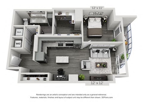 Floor plan for 1 bed, 1 bath, 840 sqft