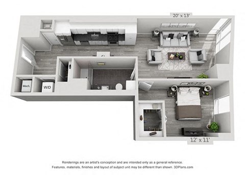 Floor plan for 1 bed, 1 bath, 850 sqft