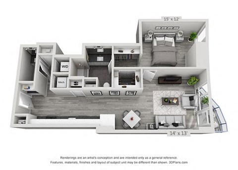 Floor plan for 1 bed, 1.5 baths, 875 sqft