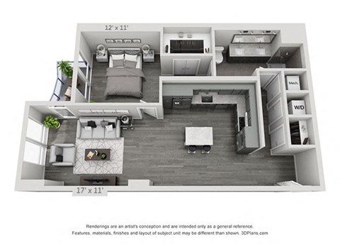Floor plan for 1 bed, 1 bath, 940 sqft