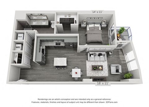 Floor plan for 1 bed, 1 bath, 944 sqft