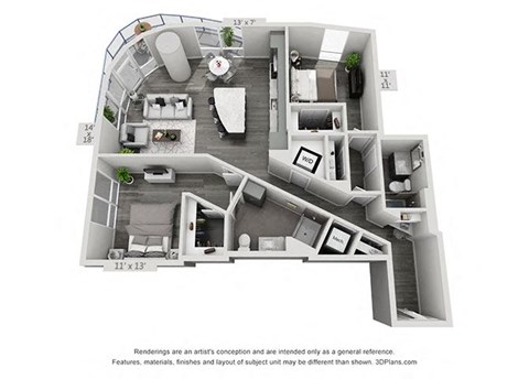 Floor plan for 2 beds, 2 baths, 1268 sqft