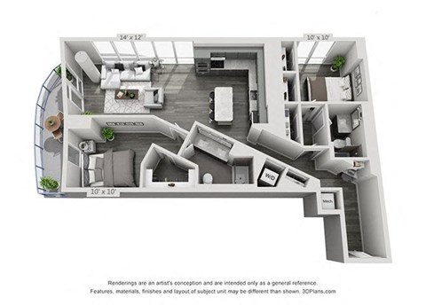 Floor plan for 2 beds, 2 baths, 1304 sqft