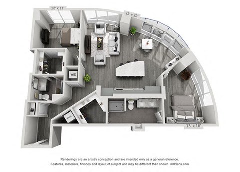 Floor plan for 2 beds, 2 baths, 1316 sqft