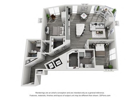 Floor plan for 2 beds, 2 baths, 1384 sqft