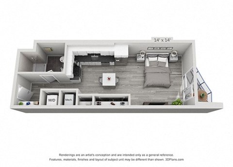 Floor plan for studio, 1 bath, 523 sqft