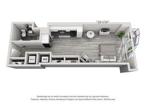 Floor plan for studio, 1 bath, 575 sqft