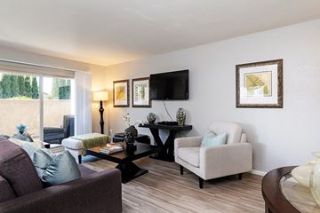 San Diego apartment for rent - a living room with a couch and chairs and a tv