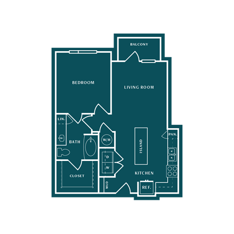 Floor plan for 1 bed, 1 bath, 752 sqft