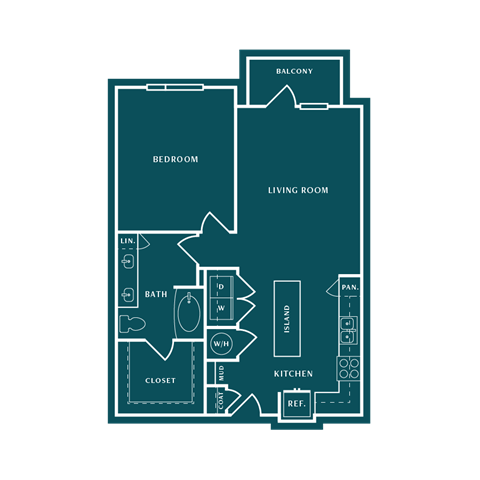 Floor plan for 1 bed, 1 bath, 873 sqft