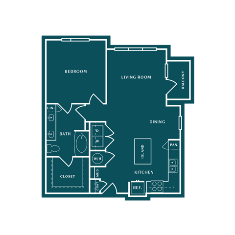 Floor plan for 1 bed, 1 bath, 893 sqft