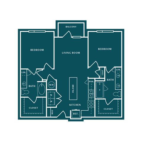 Floor plan for 2 beds, 2 baths, 1077 sqft