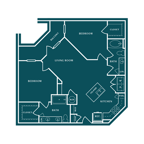 Floor plan for 2 beds, 2 baths, 1141 sqft