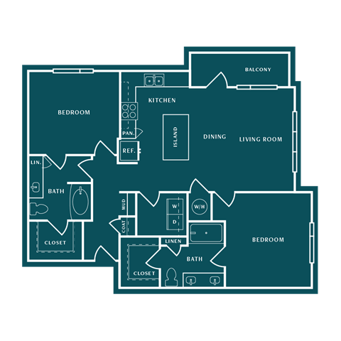 Floor plan for 2 beds, 2 baths, 1216 sqft