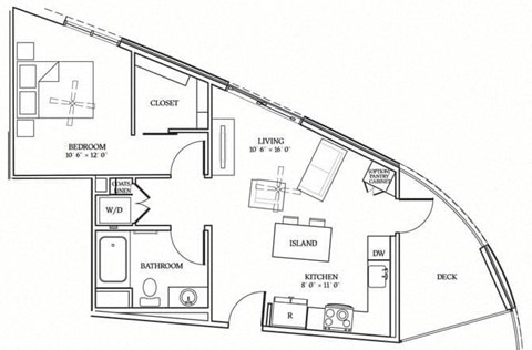 Floor plan for 1 bed, 1 bath, 656 sqft