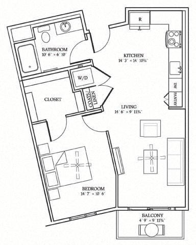 Floor plan for 1 bed, 1 bath, 691 sqft