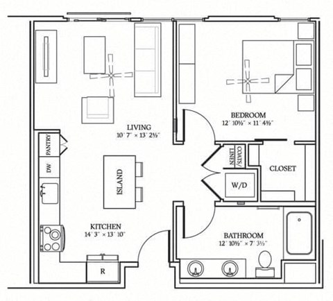 Floor plan for 1 bed, 1 bath, 719 sqft