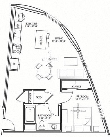 Floor plan for 1 bed, 1 bath, 719 sqft