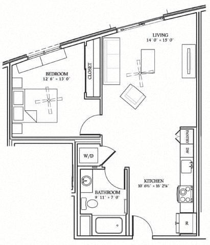 Floor plan for 1 bed, 1 bath, 721 sqft