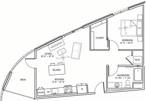 Floor plan for 1 bed, 1 bath, 744 sqft