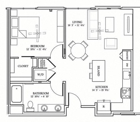 Floor plan for 1 bed, 1 bath, 754 sqft