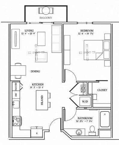 Floor plan for 1 bed, 1 bath, 811 sqft