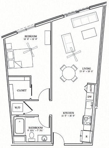 Floor plan for 1 bed, 1 bath, 826 sqft