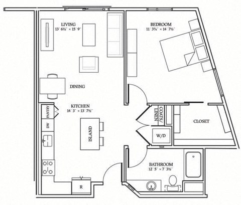 Floor plan for 1 bed, 1 bath, 833 sqft