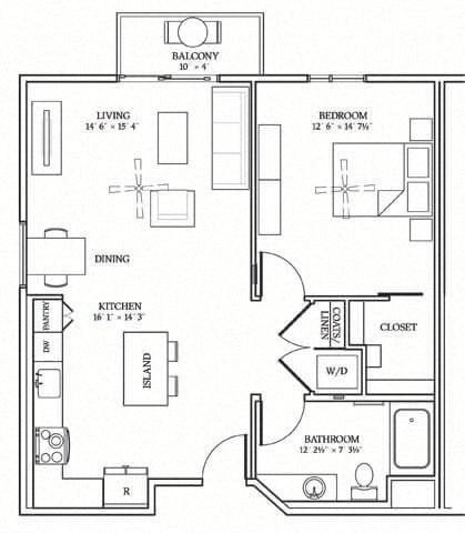 Floor plan for 1 bed, 1 bath, 840 sqft