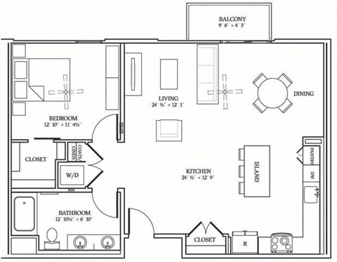 Floor plan for 1 bed, 1 bath, 962 sqft