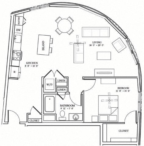 Floor plan for 1 bed, 1 bath, 978 sqft