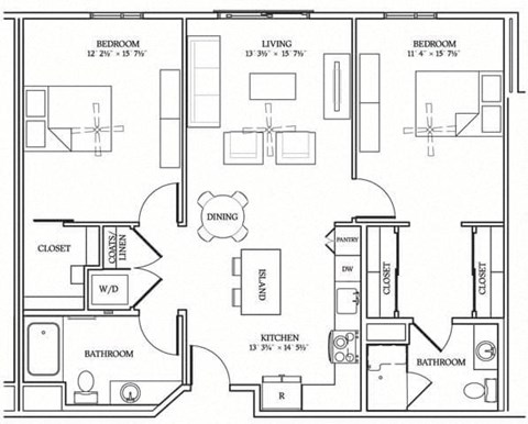 Floor plan for 2 beds, 2 baths, 1147 sqft