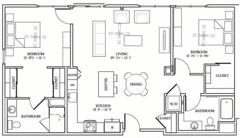 Floor plan for 2 beds, 2 baths, 1176 sqft