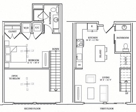 Floor plan for 1 bed, 1.5 baths, 791 sqft
