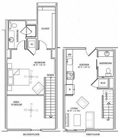 Floor plan for 1 bed, 1.5 baths, 813 sqft