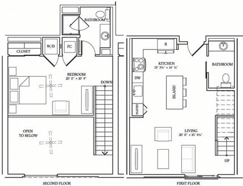 Floor plan for 1 bed, 1.5 baths, 858 sqft