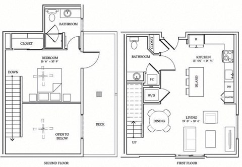 Floor plan for 1 bed, 1.5 baths, 889 sqft